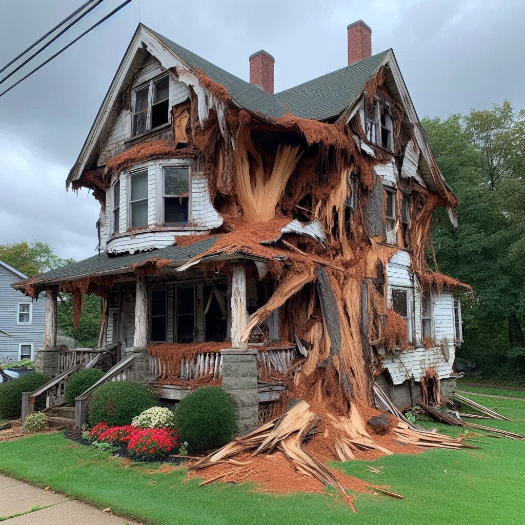 Signs Your Quincy Home Needs a Tree Inspection Blog Article - Tree with visible damage, including broken branches and signs of disease near an Quincy home